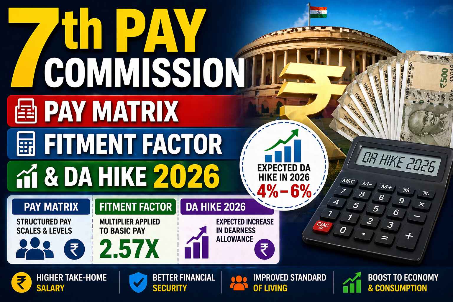 7th Pay Commission Pay Matrix, Fitment Factor & DA Hike 2026